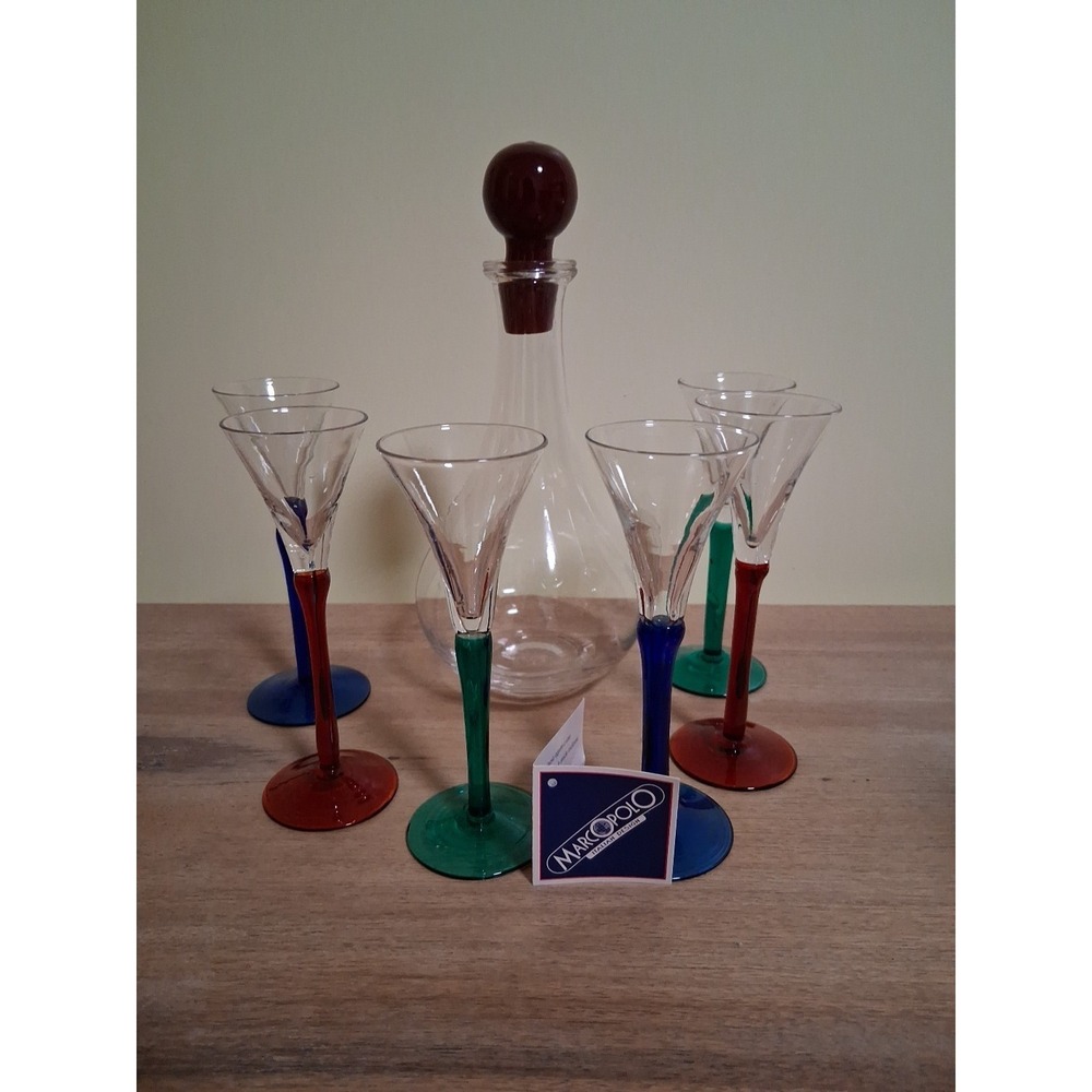 Vintage Marco Polo Italian  Cordial Decanter & 6 Glasses. Red,green,blue.